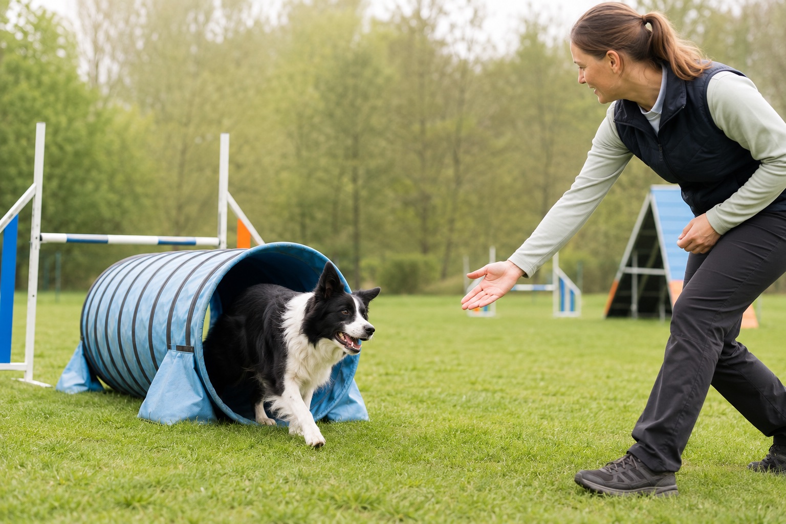 Border Collie verlässt im ruhigen Agility-Training einen Tunnel
