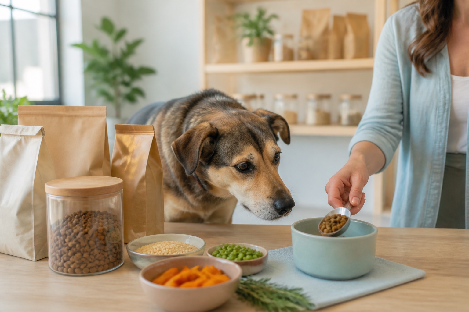 Hund schaut interessiert bei der Zubereitung einer abgemessenen Futterportion zu