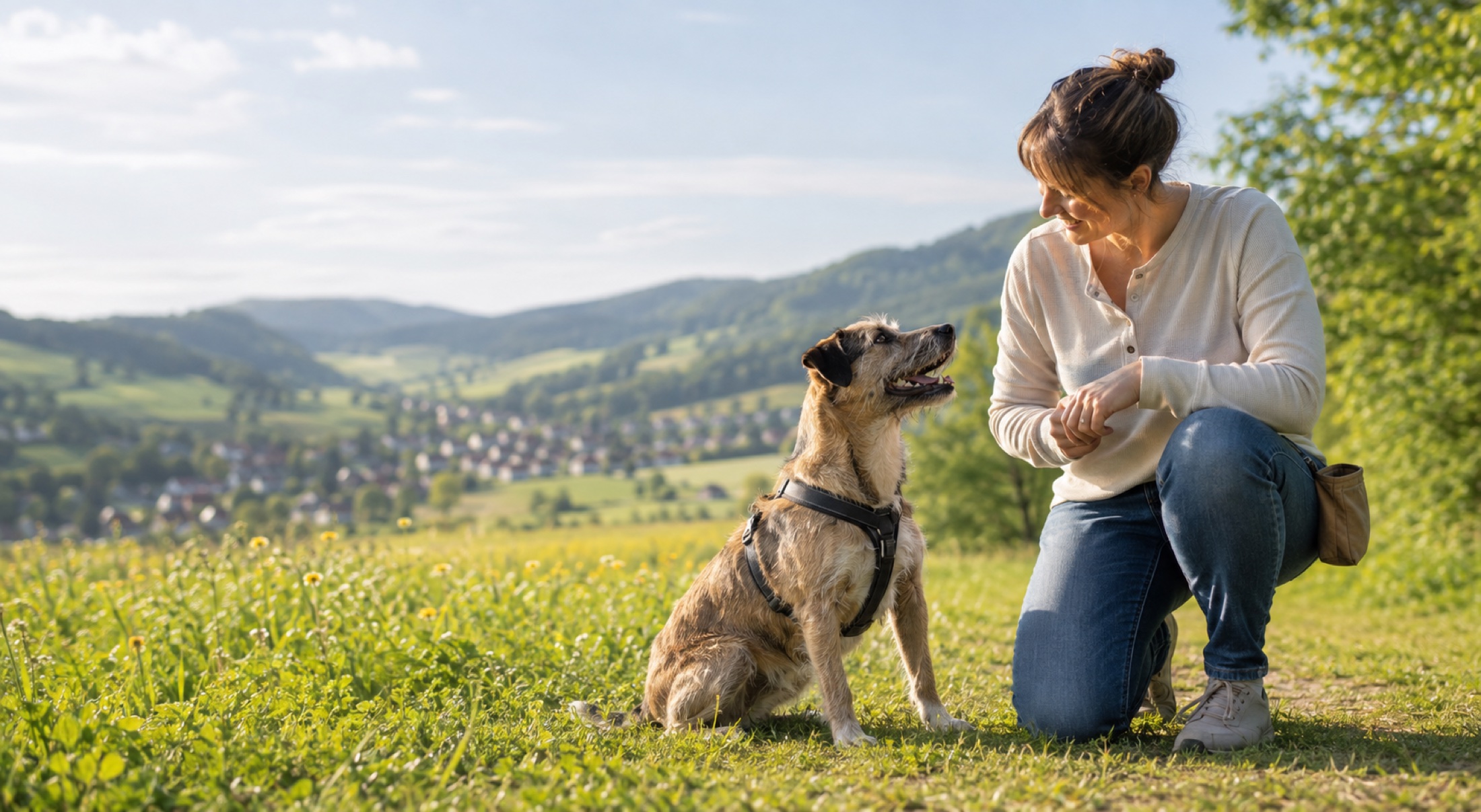 Ein Hund blickt beim gemeinsamen Training aufmerksam zu seiner Trainerin