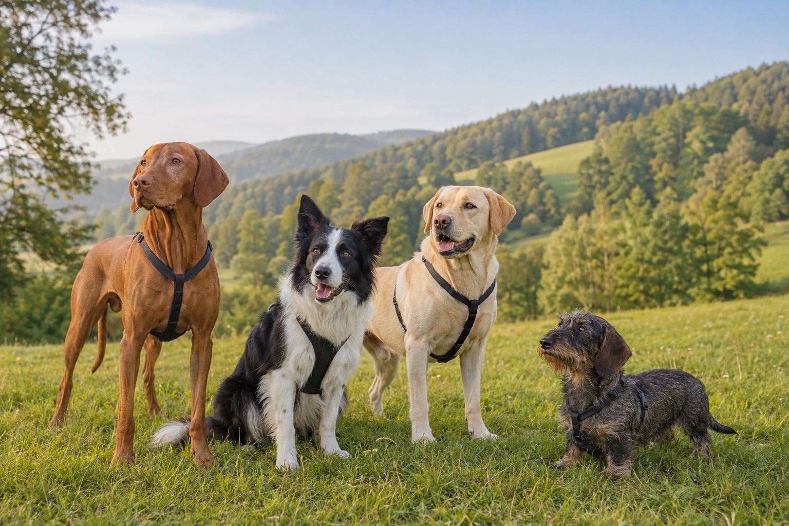 Magyar Vizsla, Border Collie, Labrador und Dackel gemeinsam auf einer Wiese