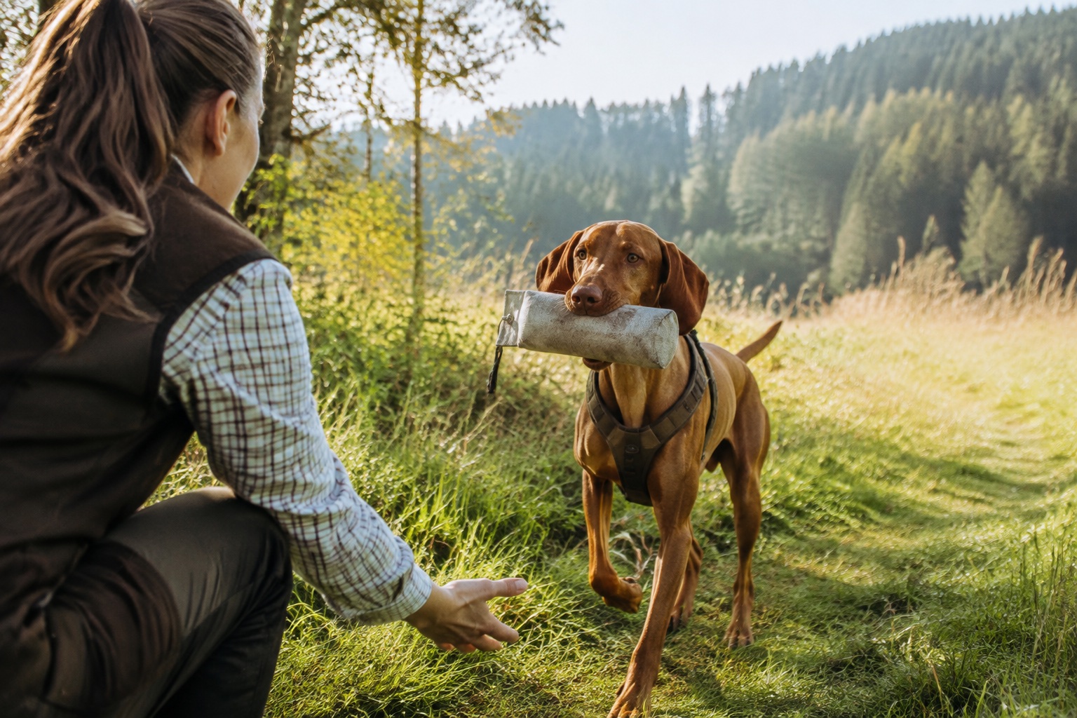 Magyar Vizsla bringt beim Apportiertraining einen Dummy zu seiner Bezugsperson