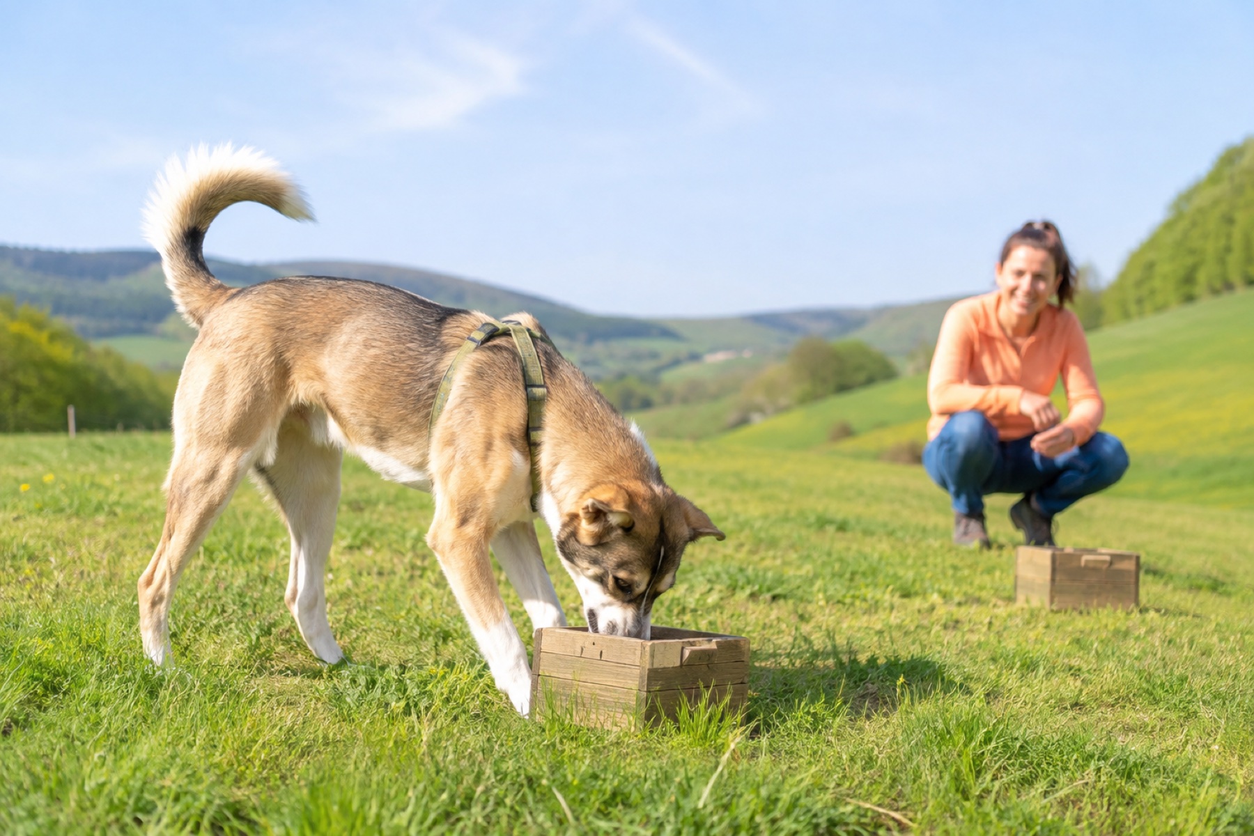 Hund sucht konzentriert mit der Nase an einer Holzkiste