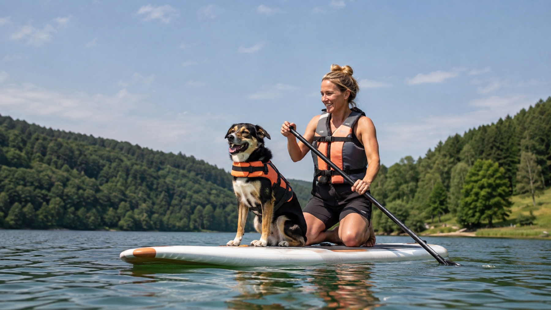 Frau und Hund mit Schwimmwesten gemeinsam auf einem Stand-up-Paddleboard